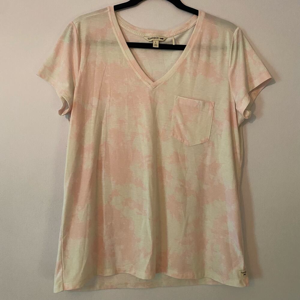 Toad & Co Pink White Tie Dye Short Sleeve Tee Loungewear Pocket Women size Large